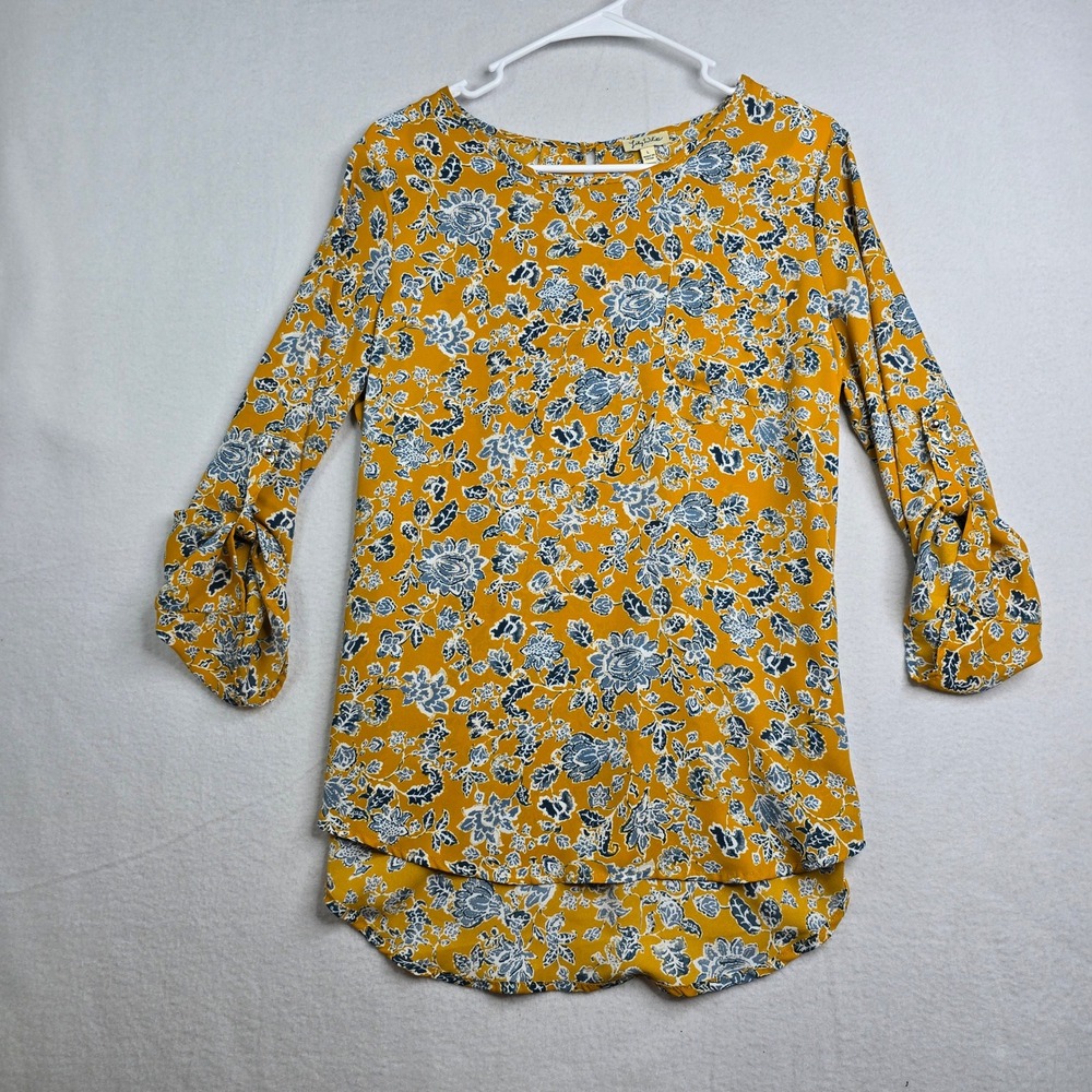 Lily White Women's Yellow Floral Print 3/4 Sleeve Tunic Top SZ L blouse pullover